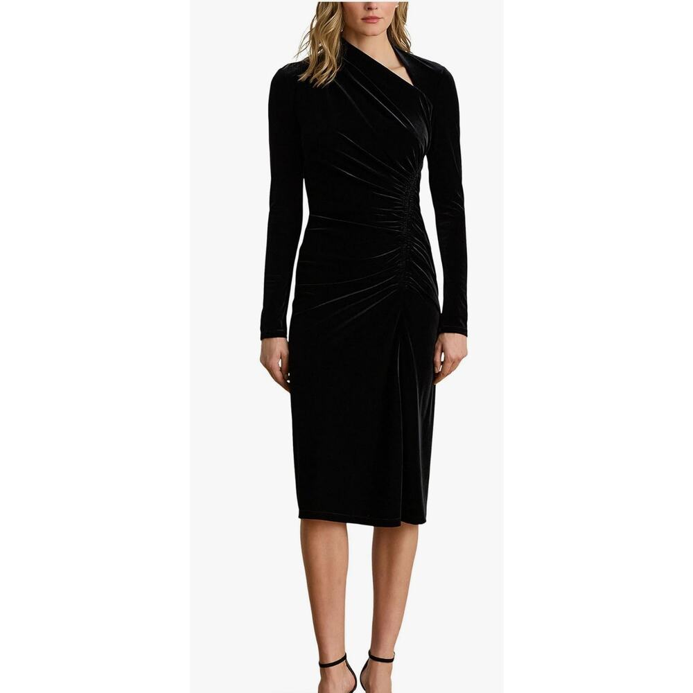 Lauren Ralph Lauren Cowl Neck Velvet Wiggle Dress Asymmetrical Rouching Size 10